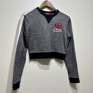 Guess Y2K Sequin Patch Cropped Long Sleeve Sweatshirt Sweater Crop Top Grey